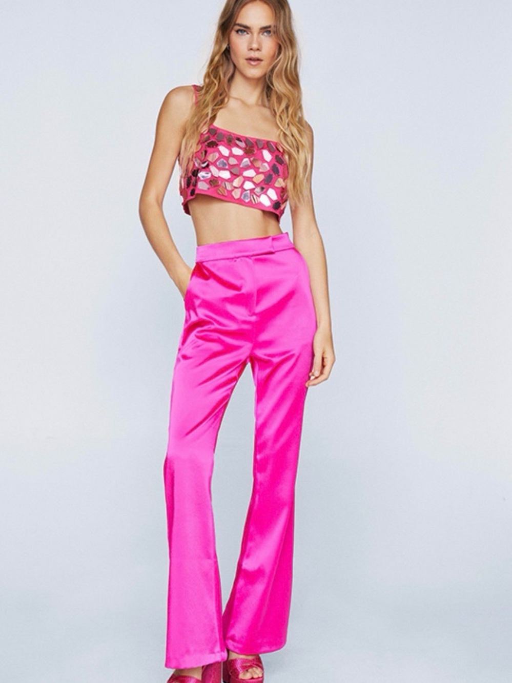 Nasty Gal Hot Pink premium bonded satin flared pant